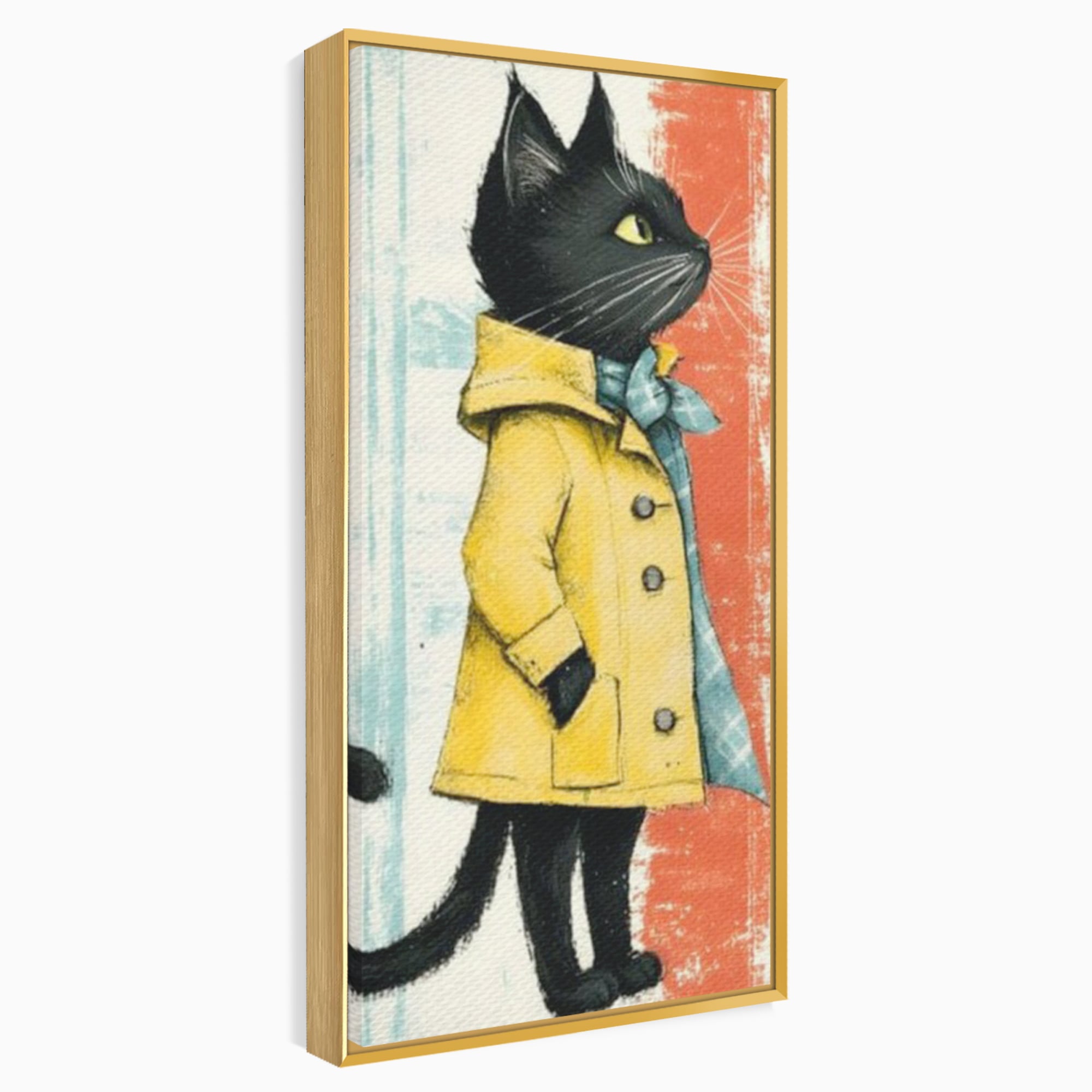 Tablou canvas cu ilustratie cu pisica in pelerina galben, in rama de aluminiu auriu